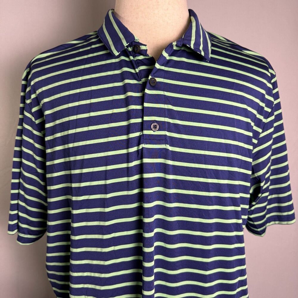 Drake Performance Stretch Polo, Blue and Mint Striped, Size XL, Golf Shirt